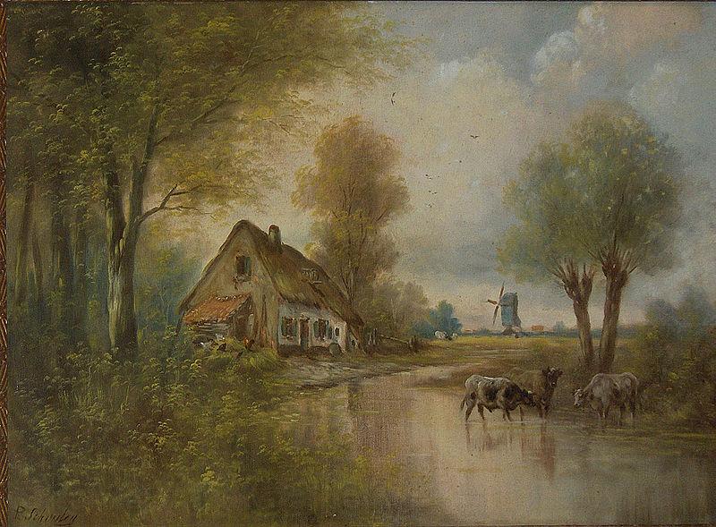 unknow artist Landscape with cows, small farm and windmill